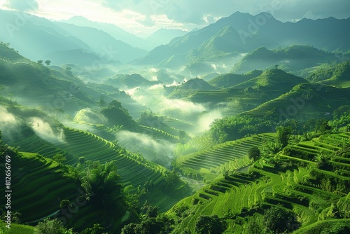 Beautiful terraced fields unfolding in layers of lush greenery, embraced by morning fog and hazy mountain backdrop