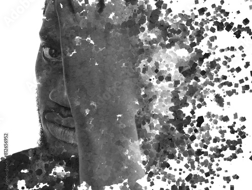 A double exposure portrait of a man merged with and abstract 3D cubes pattern