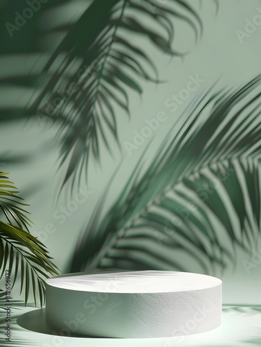 Minimal abstract background for the presentation of a cosmetic product. Premium podium with a shadow of tropical palm leaves on a pastel green wall. Generative Ai.