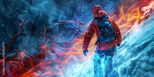 Man climbs snowy mountain reaching summit with glowing particles surreal and artistic. Concept Mountain Climbing  Snowy Summit  Glowing Particles  Surreal Artistic  Outdoor Adventure