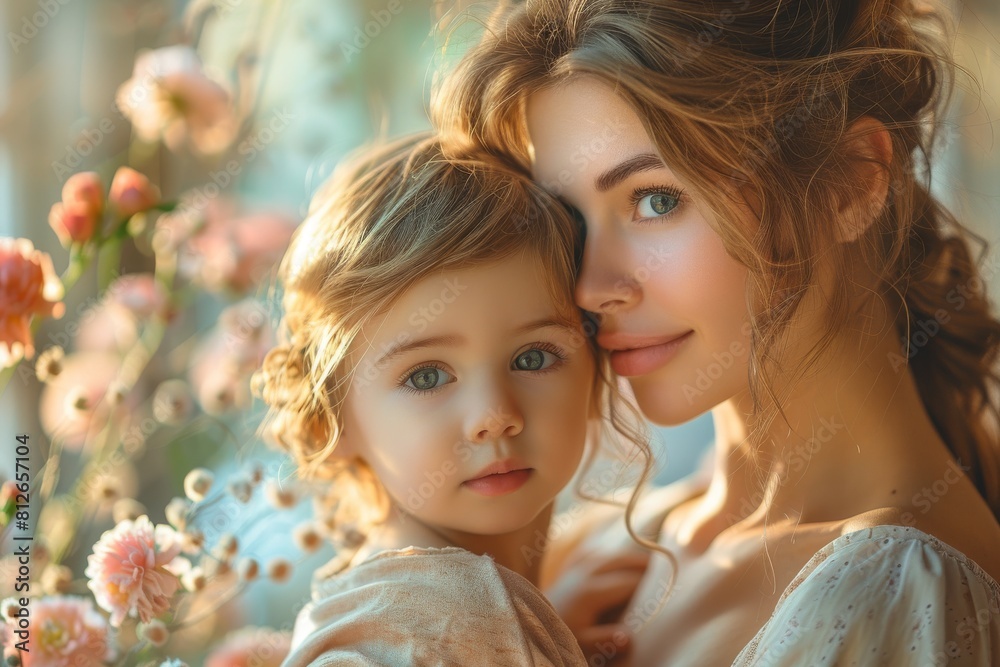 Peaceful and stylish portrait of a mother and child, both with captivating gazes, with natural lighting Peaceful and stylish portrait of a mother and child, both with captivating gazes, with natural lighting