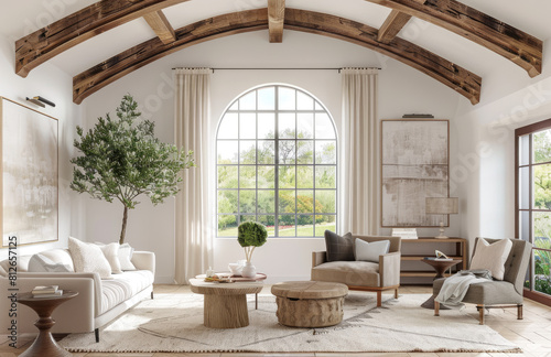 Rustic modern farmhouse living room with large arched window, vaulted ceiling and rustic beams, white walls, light wood furniture, greenery. Created with Ai © Stock