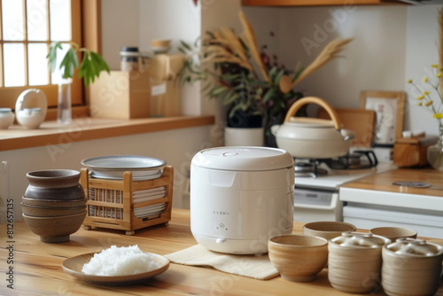 A white rice cooker with a compact footprint, saving space on the kitchen counter.