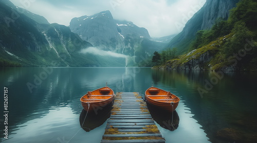Two boats are sitting on a dock in front of a lake. The lake is calm and peaceful, with mountains in the background. Concept of tranquility and serenity photo