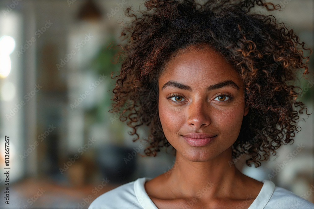 Black Afro-American young woman woman with curly hair in white t-shirt against a blurred background Black Afro-American young woman woman with curly hair in white t-shirt against a blurred background