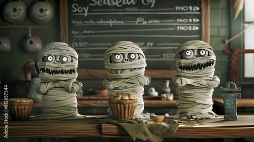 Spooky Mummies Enjoying Cupcakes in a Whimsical and Eerie Classroom Scene with a Chalkboard and Haunting Decor
