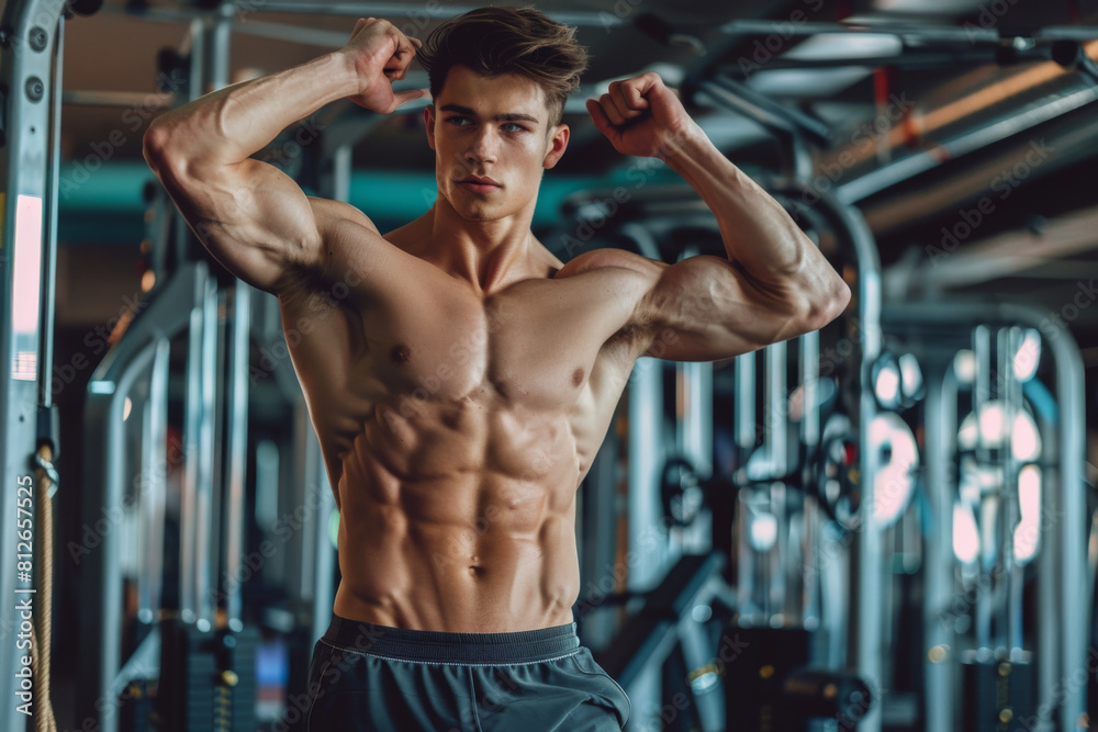 Man Flexing Muscles in Gym. Generative AI Man Flexing Muscles in Gym. Generative AI