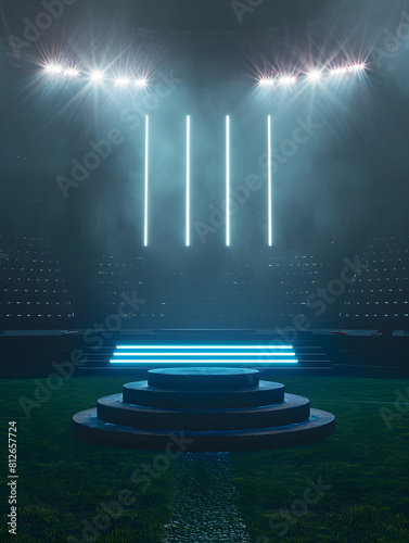 podium in the center of a stadium, surrounded by rows of empty seats and light flashes. The podium is simple and perfect to show your product, the playground of grass inside the soccer. Generative Ai.