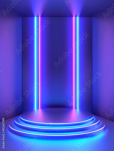 Podium with blue neon light background. Vector illustration. Generative Ai.