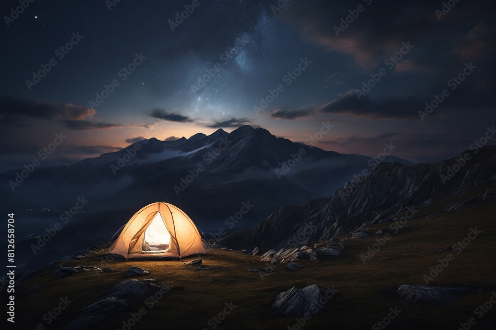 Camping tent in the mountains at night with beautiful starry sky
