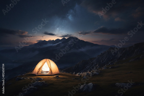 Camping tent in the mountains at night with beautiful starry sky