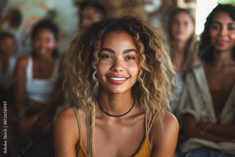 A woman with curly hair is smiling at the camera A woman with curly hair is smiling at the camera