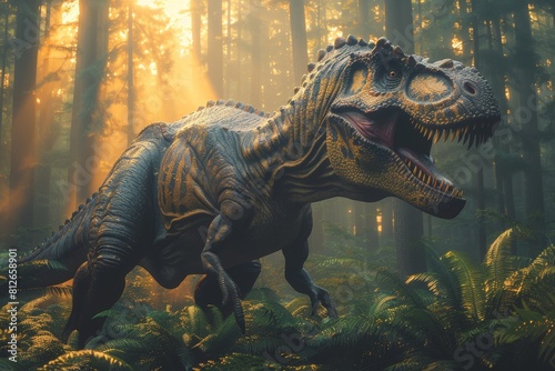 A realistic depiction of a dinosaur among dense fog and vibrant foliage  capturing the primeval essence of ancient forests