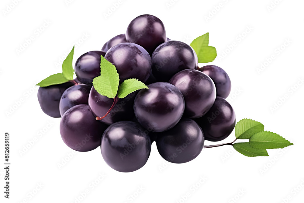 A bunch of purple plums with green leaves on top. The plums are ripe and ready to eat A bunch of purple plums with green leaves on top. The plums are ripe and ready to eat