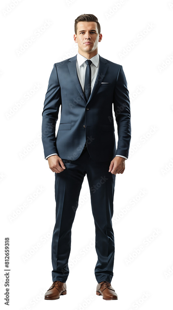 Young professional in a sleek blue suit exuding ambition and readiness, standing confidently Young professional in a sleek blue suit exuding ambition and readiness, standing confidently