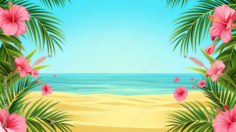 Tropical beach background with green leaves, pink flowers and space for text