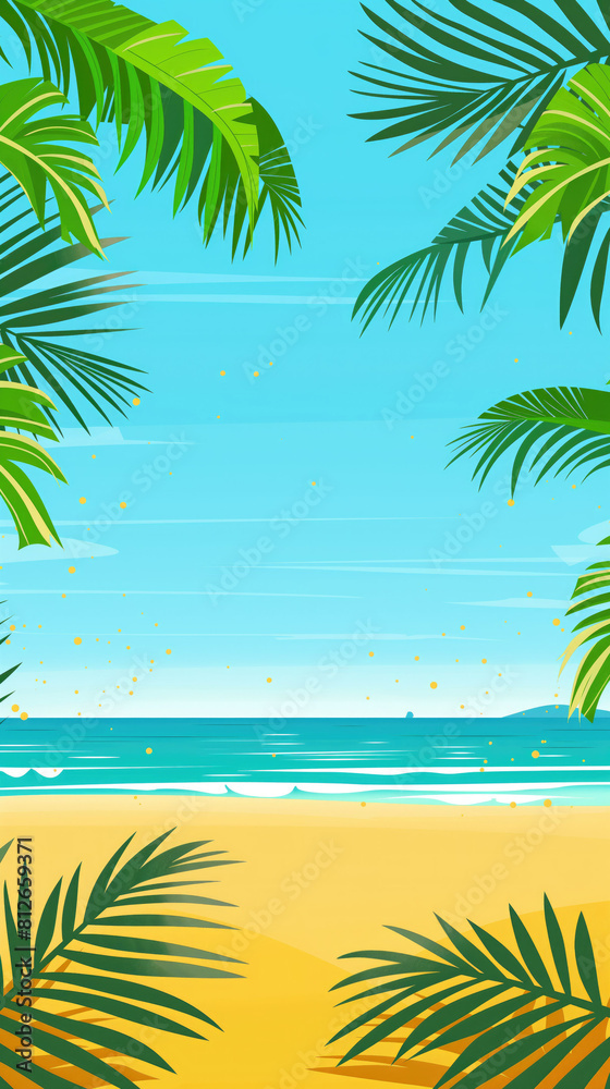 Vertical tropical beach background with green palm leaves and copy space