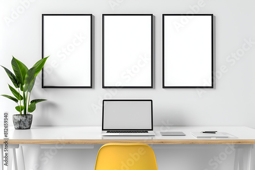 A white desk with a laptop, a yellow chair, and three black framed pictures. The desk is clean and organized, with a potted plant in the corner. Generative AI