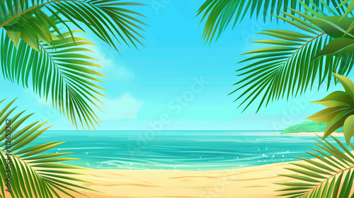 Tropical beach background with green palm leaves and copy space
