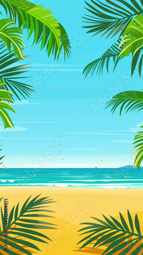 Vertical tropical beach background with green palm leaves and copy space