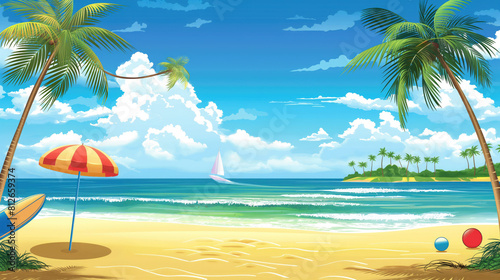 Sandy beach with palms. Summer wallpaper