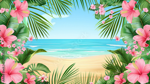 Tropical beach background with green leaves, pink flowers and copy space