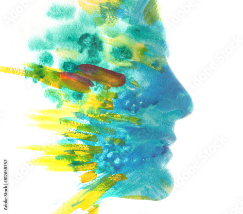 An abstract colorful watercolor profile silhouette of a man. A paintography