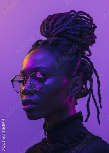 Portrait of an African American woman with glasses, purple lighting against a purple background.