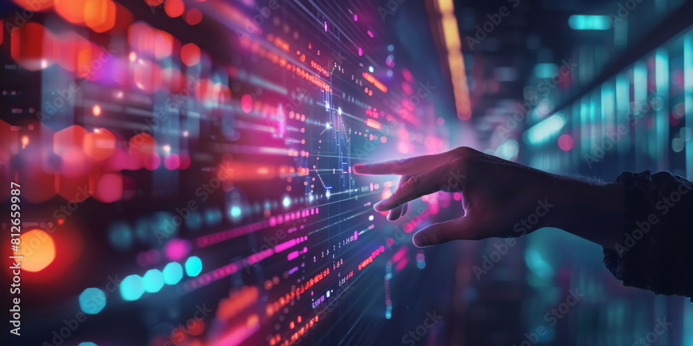 Hand Interacting with Futuristic Digital Data Stream