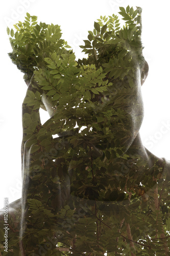 An artistic double exposure portrait silhouette of a man on a white background