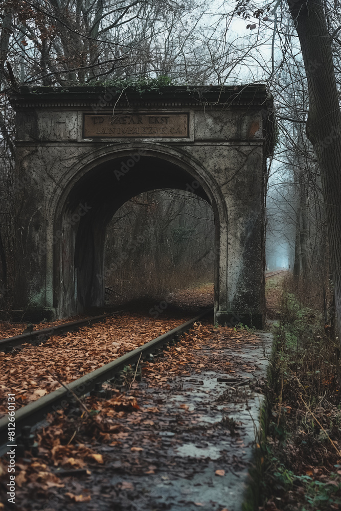 A train track with a tunnel in the middle. The tunnel is old and has a lot of leaves on it. The leaves are brown and scattered all over the ground. The scene has a spooky and eerie mood