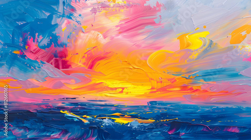 vibrant abstract painting of a sunset over the water. Waves on the water  with clouds in the sky. Brushstroke texture in rainbow blue  yellow  and pink for text in copy space