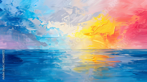 vibrant abstract painting of a sunset over the water. Waves on the water  with clouds in the sky. Brushstroke texture in rainbow blue  yellow  and pink for text in copy space