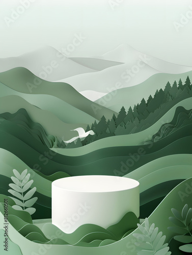 White cylinder podium on green nature mountains landscape.3d Paper cut abstract minimal geometric shape template background. Generative Ai.