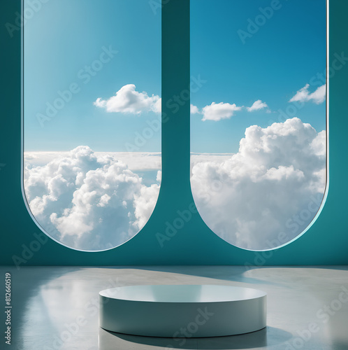 circle shape podium with blue sky and clouds in the background