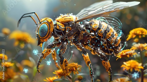 Digital transformation of a bee into a robotic pollinator in a side view, focusing on biotech innovations  Robopollinator  Scifi tone  Tetradic color scheme