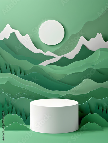 White cylinder podium on green nature mountains landscape.3d Paper cut abstract minimal geometric shape template background. Generative Ai.