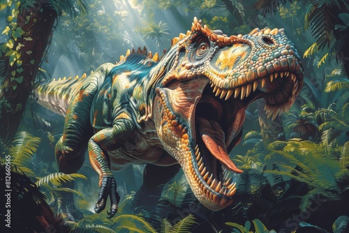 Hyper-realistic digital art of a tyrannosaurus rex roaring amidst a lush prehistoric jungle