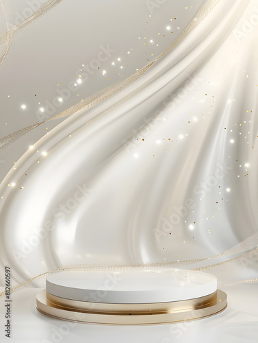White podium display product and sparkle golden curve line element, Realistic 3d luxury style background, vector illustration for promoting sales and marketing. Generative Ai.