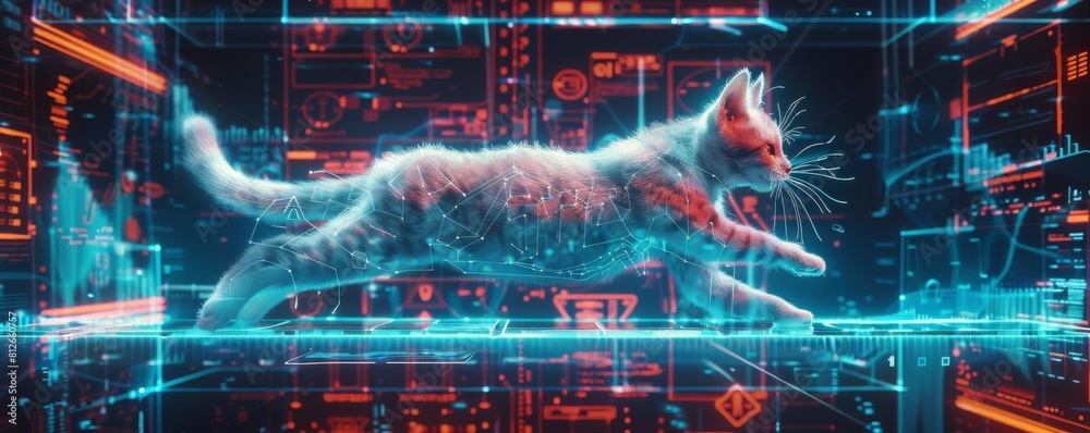 Holographic cat leaping over digital obstacles in a front view, showcasing advanced hologram technology  Holocat leap  cybernetic tone  Tetradic color scheme