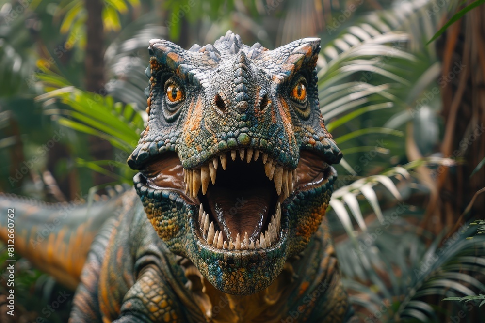 Obraz premium Intensely detailed image of a lifelike dinosaur model with mouth open as if roaring amidst foliage