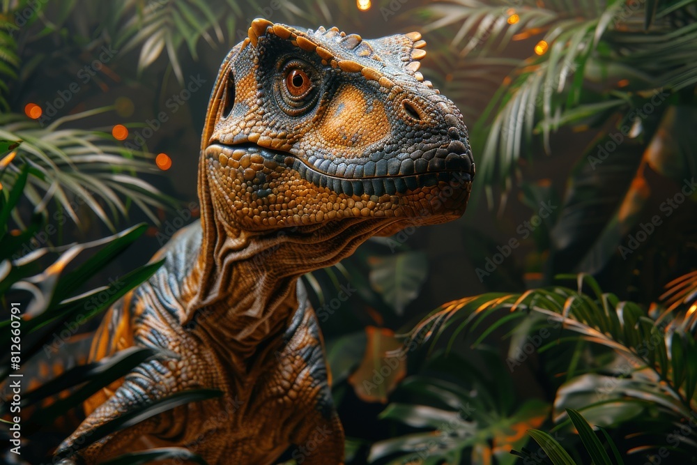 Naklejka premium An intriguing image showcasing a lifelike model of a dinosaur in a dense jungle setting with warm lighting
