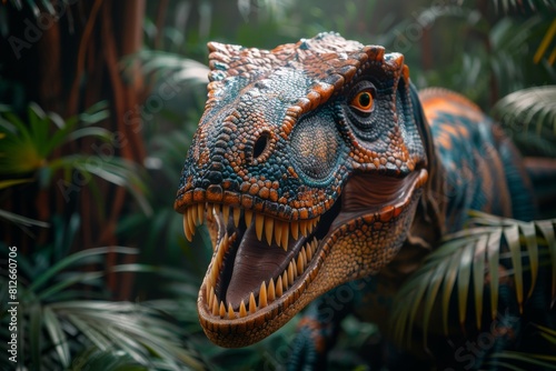 Lifelike Velociraptor stands amidst foliage with its jaw open  hinting at motion and predatory instincts