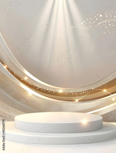 White podium display product and sparkle golden curve line element, Realistic 3d luxury style background, vector illustration for promoting sales and marketing. Generative Ai.