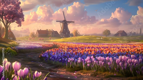 A picturesque countryside landscape with fields of colorful crocus flowers and a charming windmill in the distance.