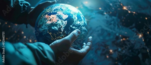 Hand wrapped around a digital globe displaying realtime weather patterns in a top view, highlighting global climate awareness Climate touch digital tone Vivid