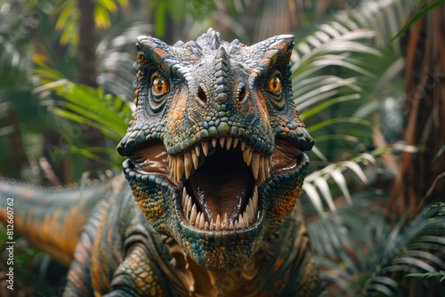Intensely detailed image of a lifelike dinosaur model with mouth open as if roaring amidst foliage © Larisa AI