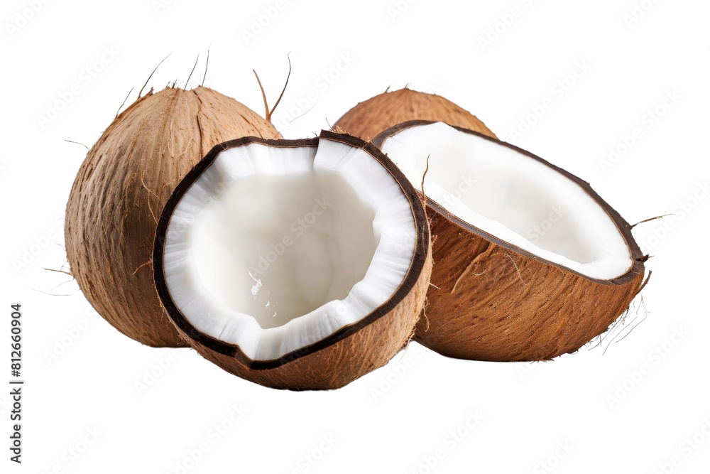 Three whole coconuts with one cut open. The cut open coconut is in the middle of the other two