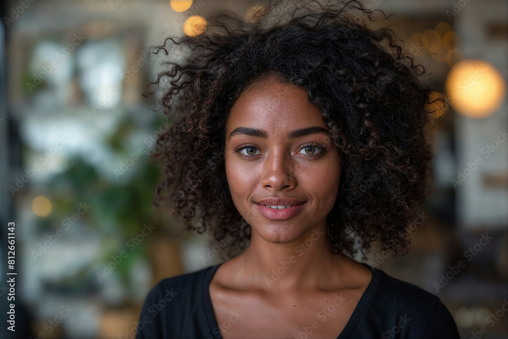 Black woman with curly hair against a blurred interior background with green plant, for advertising Black woman with curly hair against a blurred interior background with green plant, for advertising