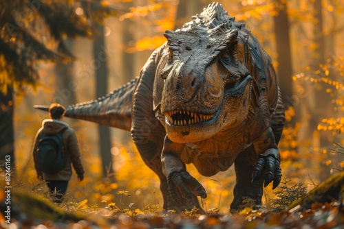 An audacious explorer confronts a fierce Tyrannosaurus Rex in an autumnal forest, emanating bravery and adventure © Larisa AI